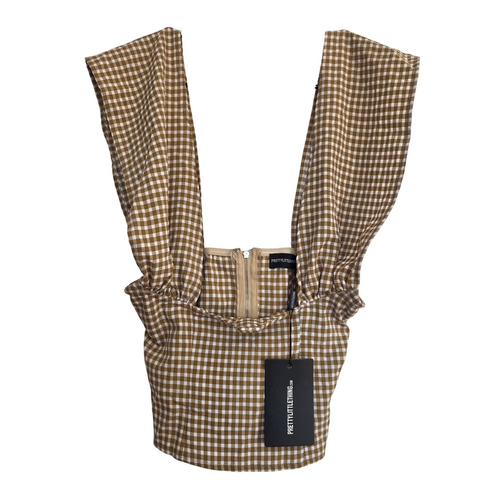 PrettyLittleThing Brown Gingham Check Cross‎ Over Zip Crop Top NWT UK 6 US 2